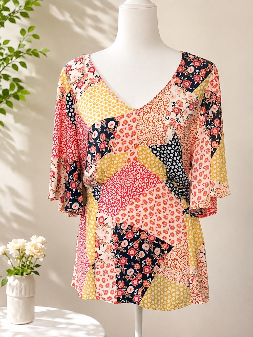 Status by Chenault Patchwork Floral V-Neck Blouse in Pink, Navy & Yellow-Size 1X